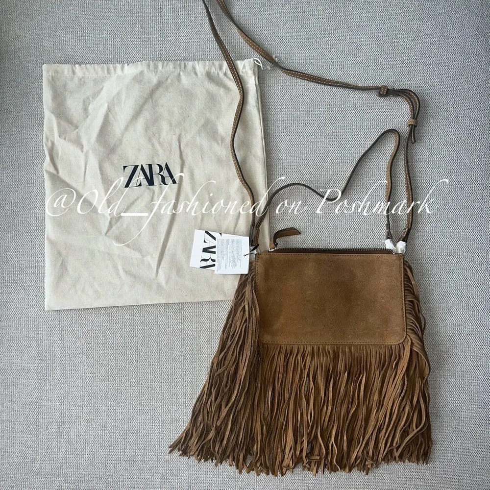 ZARA Leather Fringed Crossbody Bag - Brown